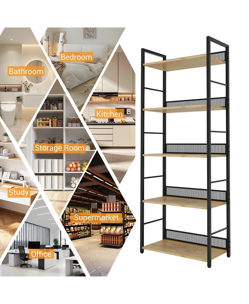 gaomon 5 Tier Bookshelf with Metal Frame and Wood Shelves, Tall Industrial Bookcase Storage Rack for Bedroom Living Room Home Office