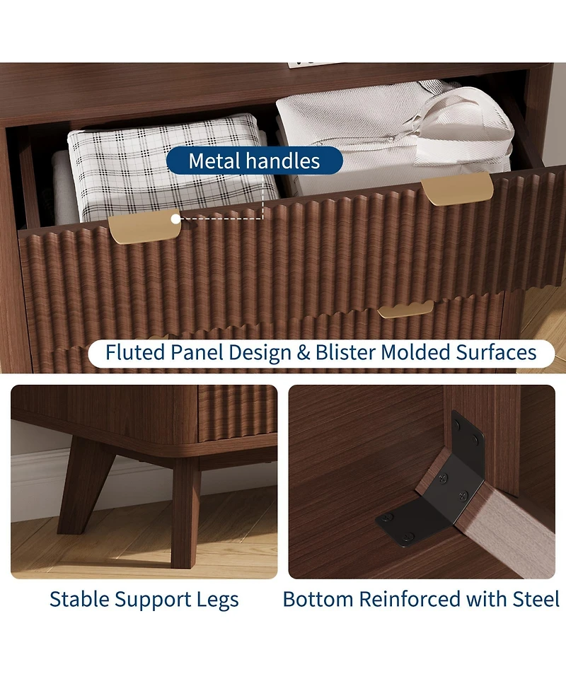 homfan Wide Modern Fluted Nightstand, Faux Marble Tabletop, 3 Drawers and Curved Profile, Large Bedside End Table for Bedroom Living Room, Hallway