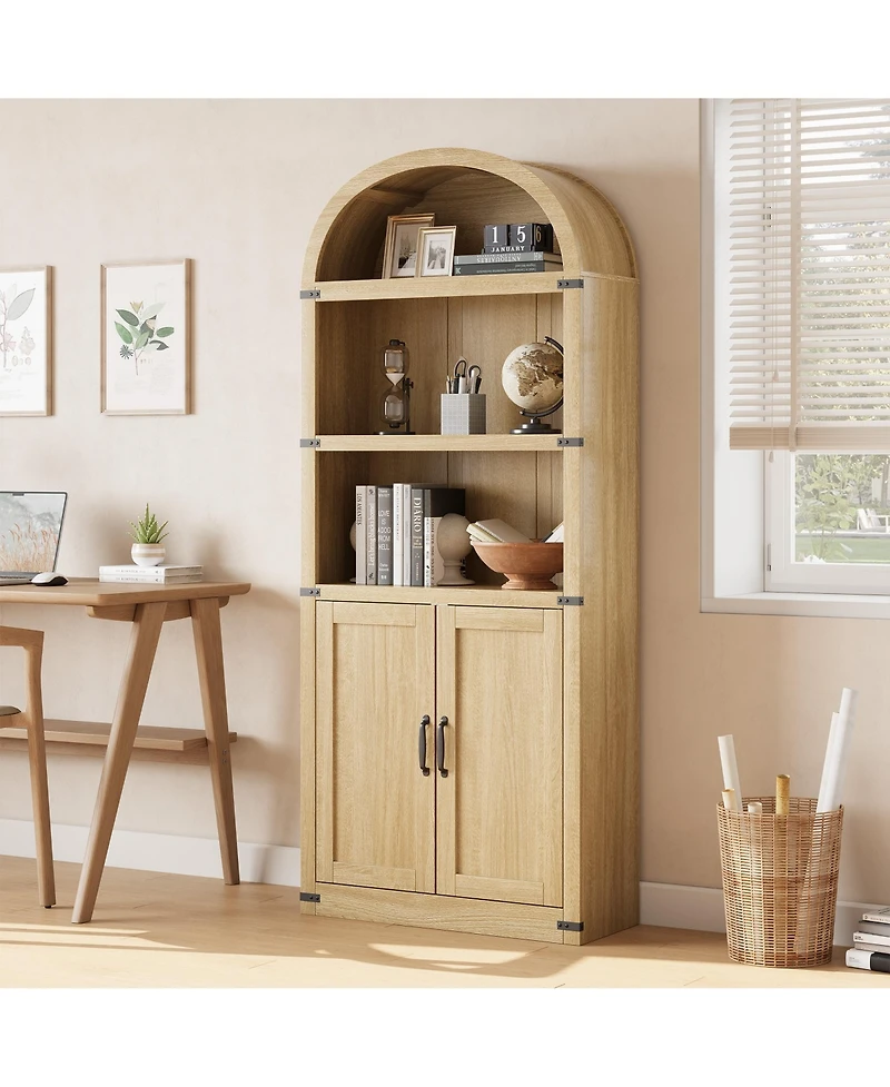homfan Arched 5-Shelf Wooden Bookcase Cabinet with Doors - 71.65 Inch Tall Farmhouse Display Storage Rack Bookshelf for Home Office, Living Room