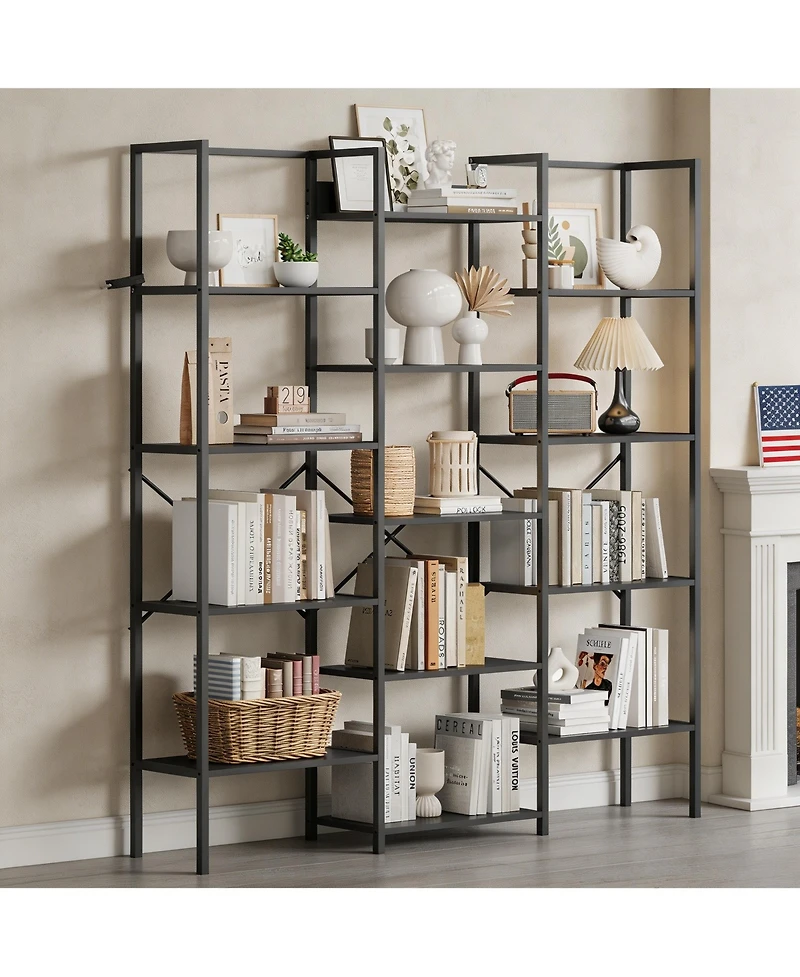 homfan 3-Column 14-Shelf Open Bookshelf, Adjustable Steel Frame Storage Rack with Anti-Tip Bracket, Fast Assembly Home Office Display Organizer
