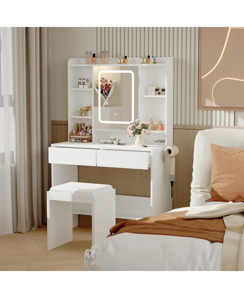 homfan Vanity Desk with Mirror and Lights, Bedroom, Adjustable 3 Color Modes, Makeup Table with Hidden Shelves, Usb Outlets, Hairdryer Holder