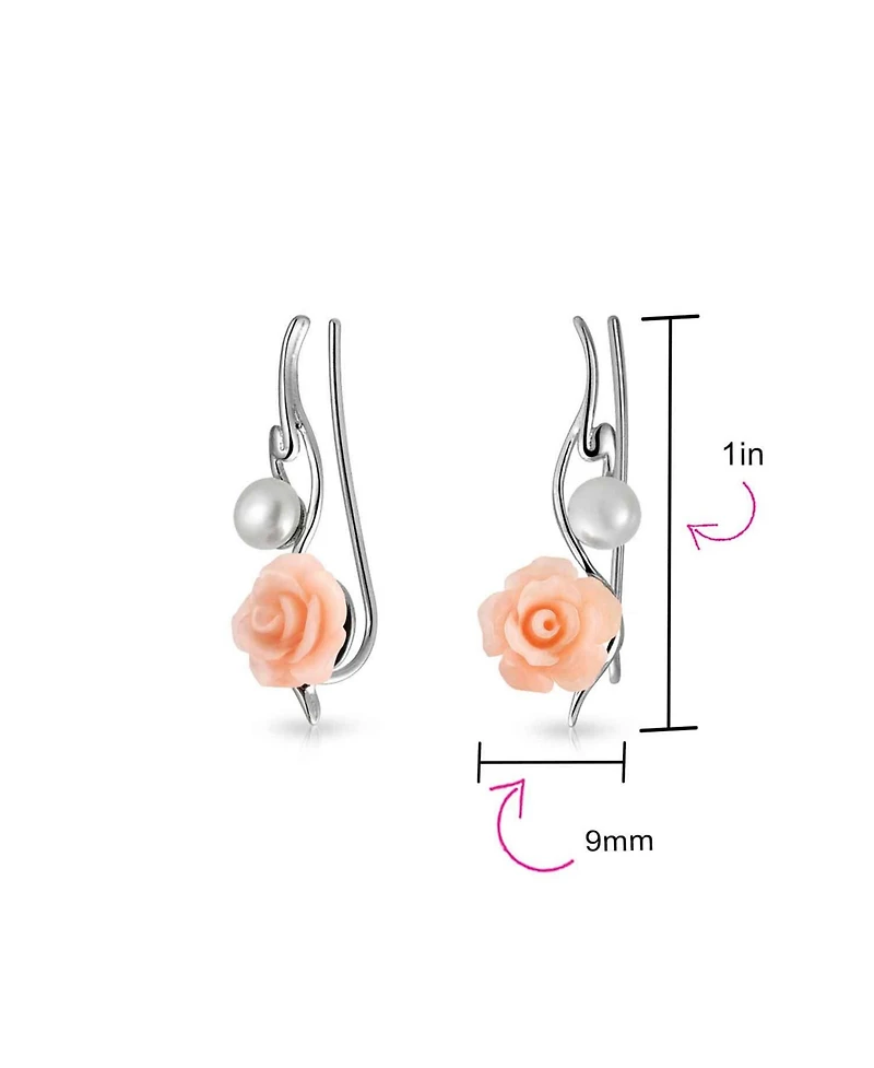 Bling Jewelry Freshwater Cultured Pearl 3D Rose Flower Climbers Crawlers Earrings .925 Sterling Silver