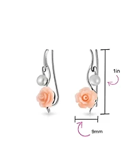 Bling Jewelry Freshwater Cultured Pearl 3D Rose Flower Climbers Crawlers Earrings .925 Sterling Silver