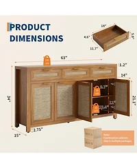 homfan 63 Inch Farmhouse Rattan Sideboard Credenza, Storage Buffet with 3 Drawers, 4 Doors and Adjustable Shelves for Home Organization