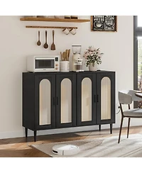 homfan Modern Boho Rattan 4-Door Storage Console, Sideboard Buffet with Built-in Power Outlet and Adjustable Shelves for Multi-Room Use