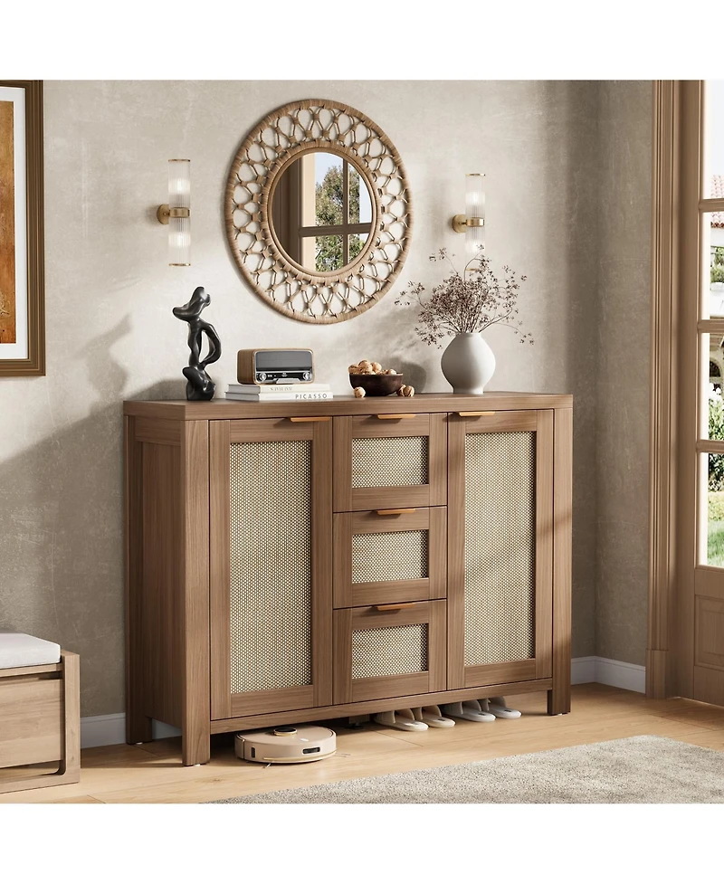 homfan Spacious Rattan Buffet Sideboard Cabinet, 3 Drawers, Boho Accent Storage Credenza, Adjustable Shelves, Large Console for Kitchen, Dining Room
