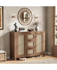 homfan Spacious Rattan Buffet Sideboard Cabinet, 3 Drawers, Boho Accent Storage Credenza, Adjustable Shelves, Large Console for Kitchen, Dining Room