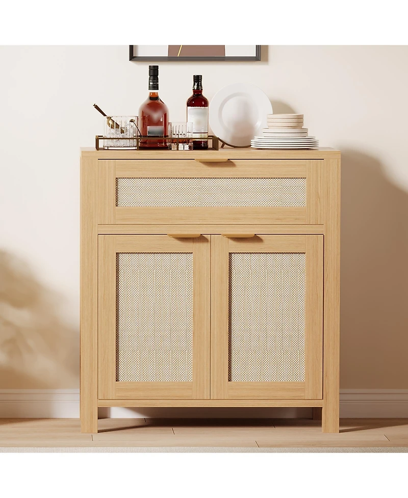 homfan Farmhouse Rattan Sideboard Buffet Cabinet, Adjustable Shelf and Drawer, Multi-Purpose Storage Console Table for Entryway, Living Room