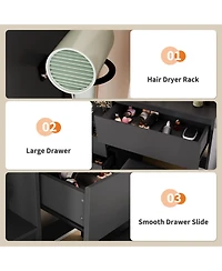 homfan Modern Vanity Desk with Mirror and Adjustable Led Lights, 4 Drawers, Storage Shelves, Charging Station and Stool for Bedroom, Makeup Table