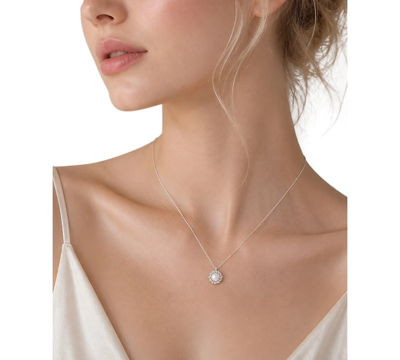 Belle de Mer Cultured Freshwater Pearl (8-9mm) & Lab-Grown Sapphire Pendant Necklace in 925 Sterling Silver