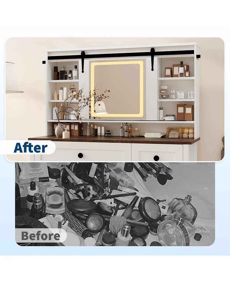 homfan Makeup Vanity Desk with Led Mirror, Charging Station, 3 Drawers, Storage Cabinet, Shelves, Stool - Modern Bedroom Dressing Table for Women