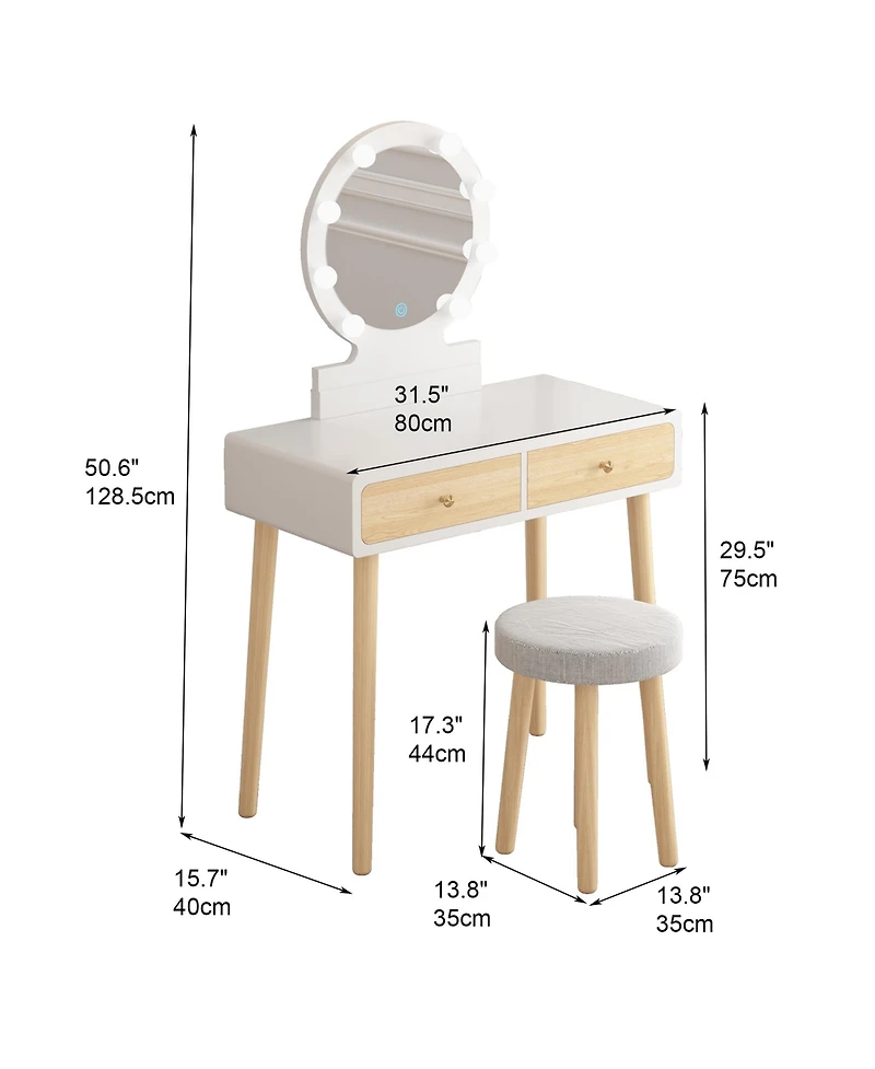 homfan Makeup Vanity Desk, White Vanity Table and Cushioned Stool Set with 3 Colors Adjustable Led Mirror, Dressing Table with 2 Large Drawers
