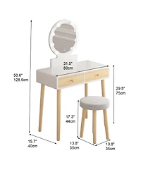 homfan Makeup Vanity Desk, White Vanity Table and Cushioned Stool Set with 3 Colors Adjustable Led Mirror, Dressing Table with 2 Large Drawers