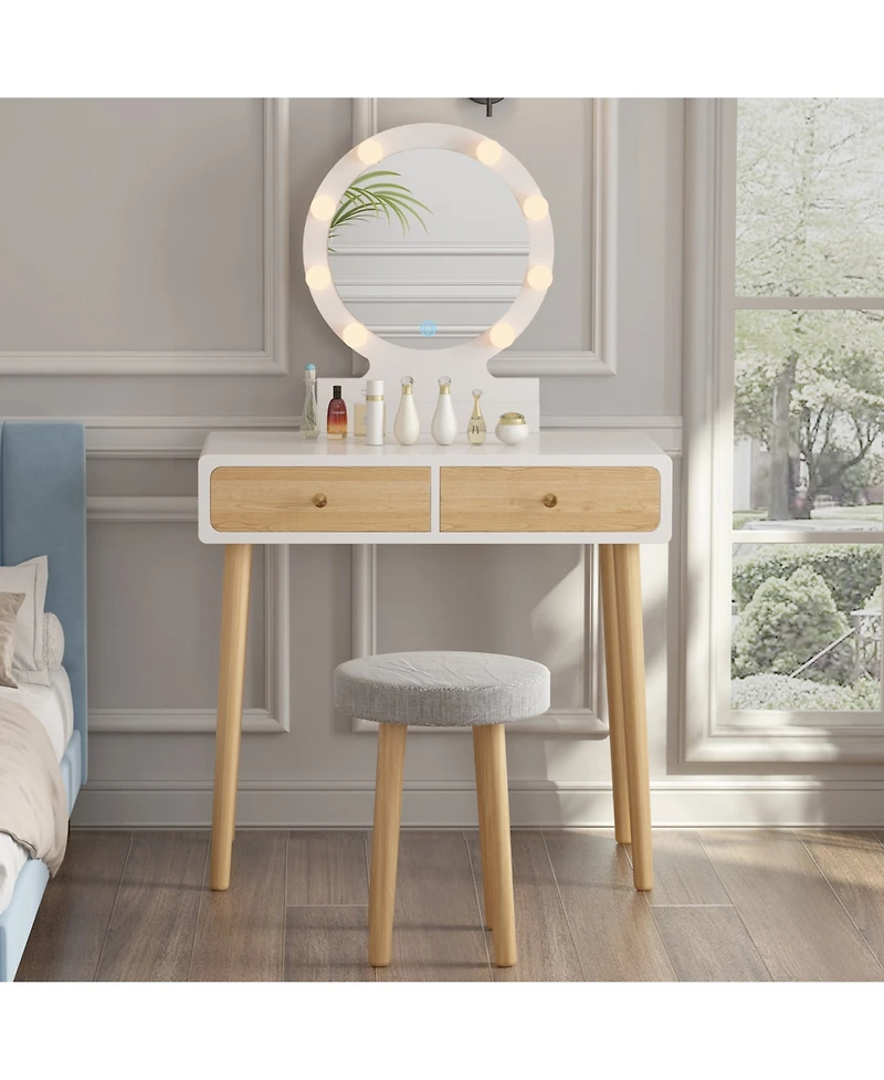homfan Makeup Vanity Desk, White Vanity Table and Cushioned Stool Set with 3 Colors Adjustable Led Mirror, Dressing Table with 2 Large Drawers