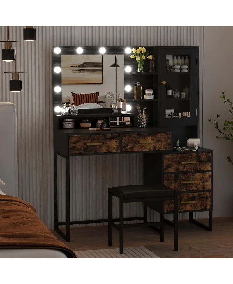 homfan Vanity Desk with Mirror and Lights, Girls Vanity Table with Chair, Charging Station, Drawers and Shelves for Bedroom, Living Room