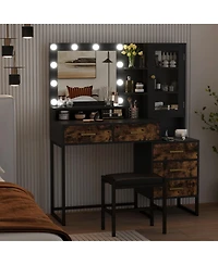 homfan Vanity Desk with Mirror and Lights, Girls Vanity Table with Chair, Charging Station, Drawers and Shelves for Bedroom, Living Room