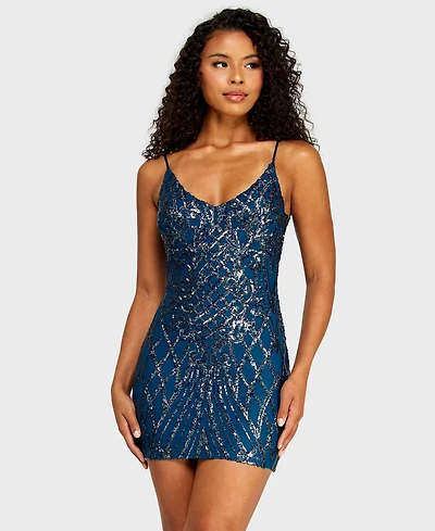 B Darlin Juniors' V-Neck Pattern Sequin Spaghetti Straps Dress