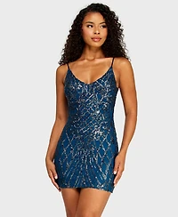 B Darlin Juniors' V-Neck Pattern Sequin Spaghetti Straps Dress