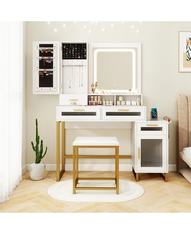 Slickblue Makeup Vanity Desk with Lighted Mirror and Stool Set
