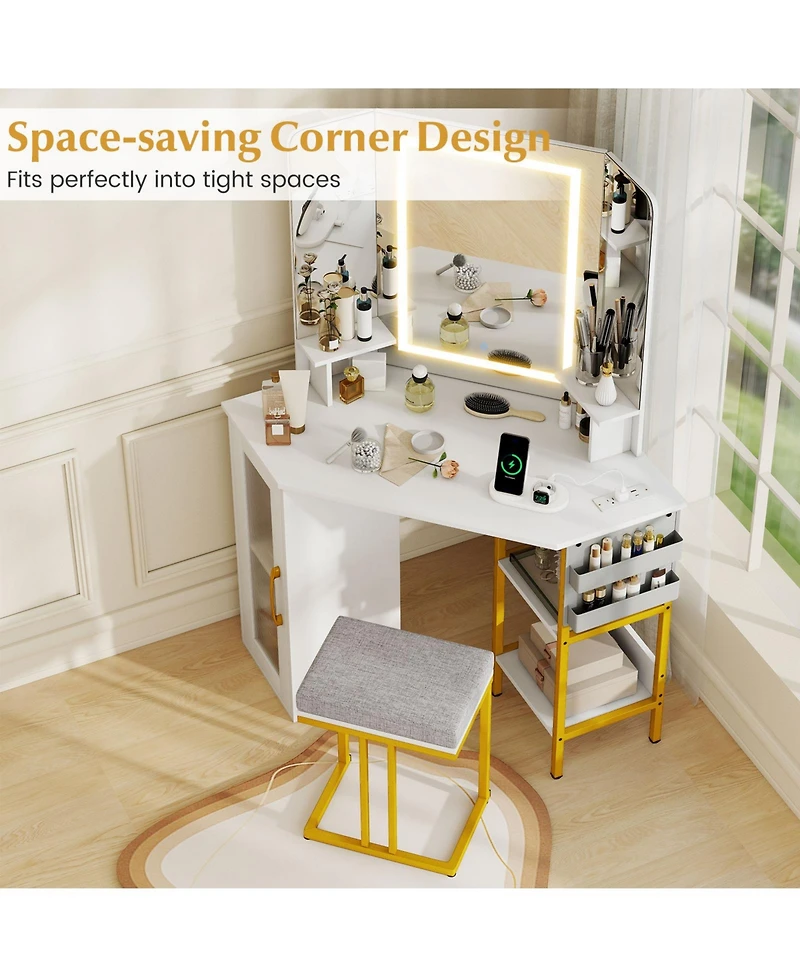 Slickblue Corner Dressing Table with Mirror and Led Lights for Makeup