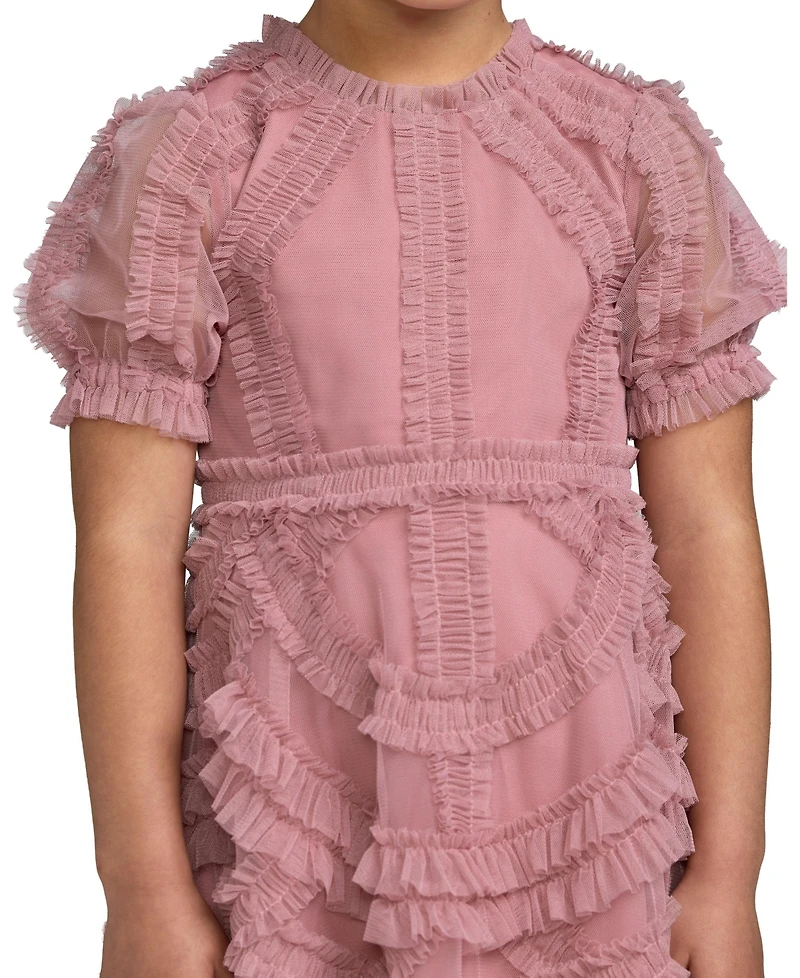 Mac Duggal Big Girls High Neck Puff Sleeve Ruffle Mini Dress
