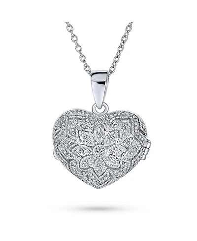 Bling Jewelry Vintage Style Cz Aromatherapy or Photo Puff Heart Shape Locket Pendant Necklace .925 Sterling Silver