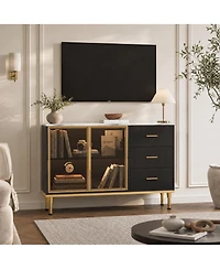 homfan Glass Door Side Cabinet with Wave Drawers and Marble Finish, Accent Buffet for Dining Room Living