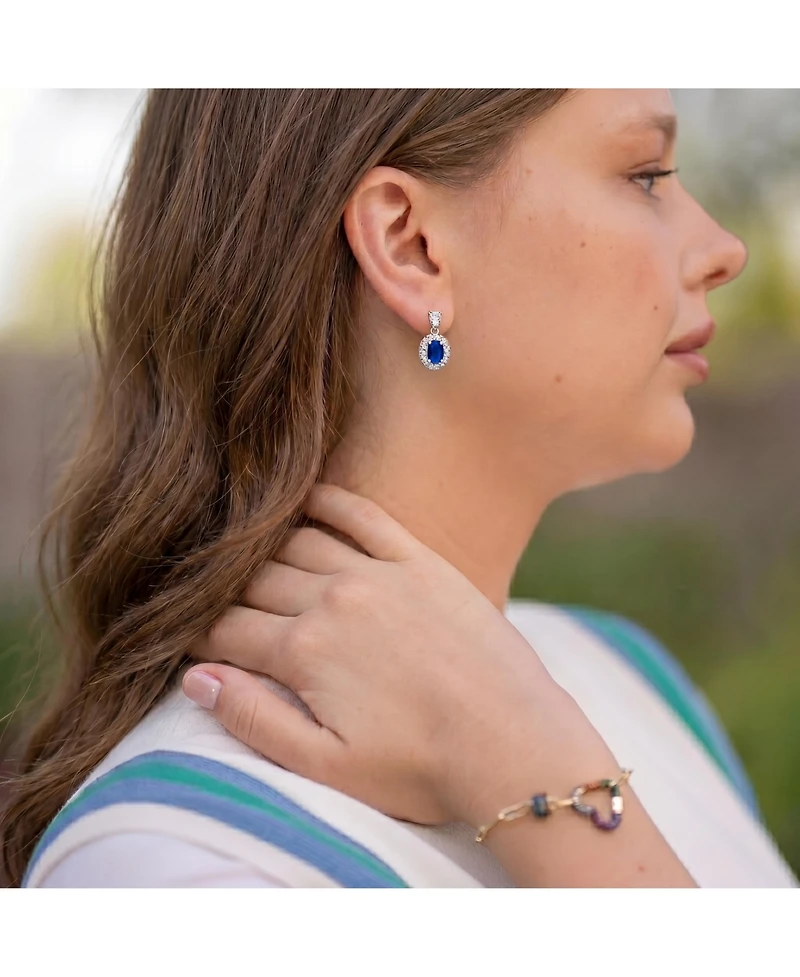 Extra Mini Sterling Silver White Gold Plated Blue Oval Cubic Zirconia with Clear Pear and Round Cubic Zirconias Accent Earrings