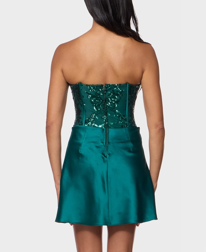 Alex & Sophia Juniors' Draped Skirt Strapless Satin Dress