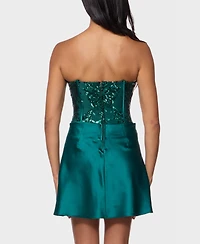 Alex & Sophia Juniors' Draped Skirt Strapless Satin Dress