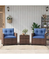 GarveeLife 3-Piece Outdoor Wicker Conversation Set with Cushions and Tempered Glass Table for Patio, Balcony, Porch or Garden