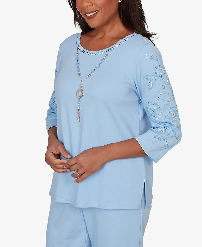 Alfred Dunner Women's Embroidered Floral Sleeve Accent Top