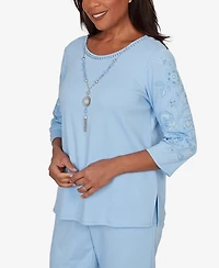 Alfred Dunner Women's Embroidered Floral Sleeve Accent Top