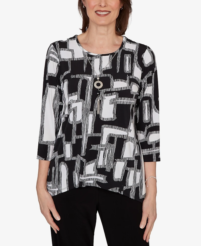 Alfred Dunner Women's Geo Boxes Puff Printed Top with Necklace