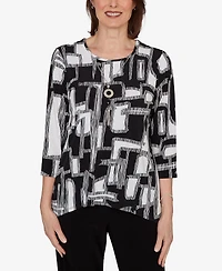 Alfred Dunner Women's Geo Boxes Puff Printed Top with Necklace