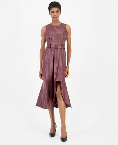 Anne Klein Women's Faux Leather Asymmetrical A-Line Dress