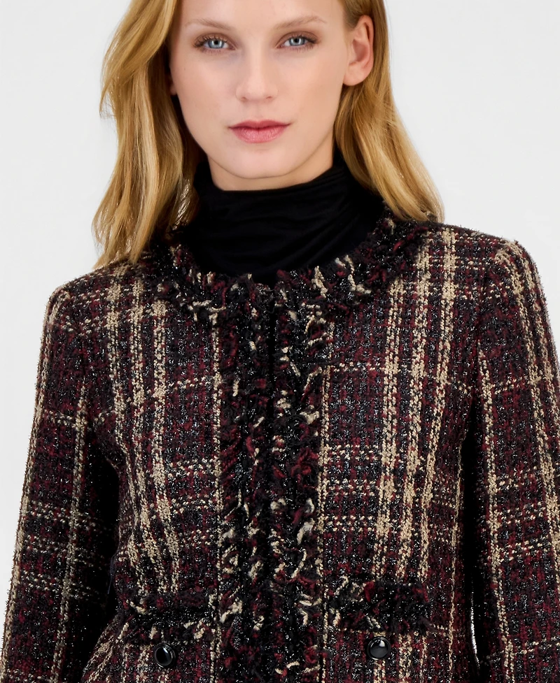 Anne Klein Women's Petite Fringe-Trim Plaid Shawl-Collar Jacket