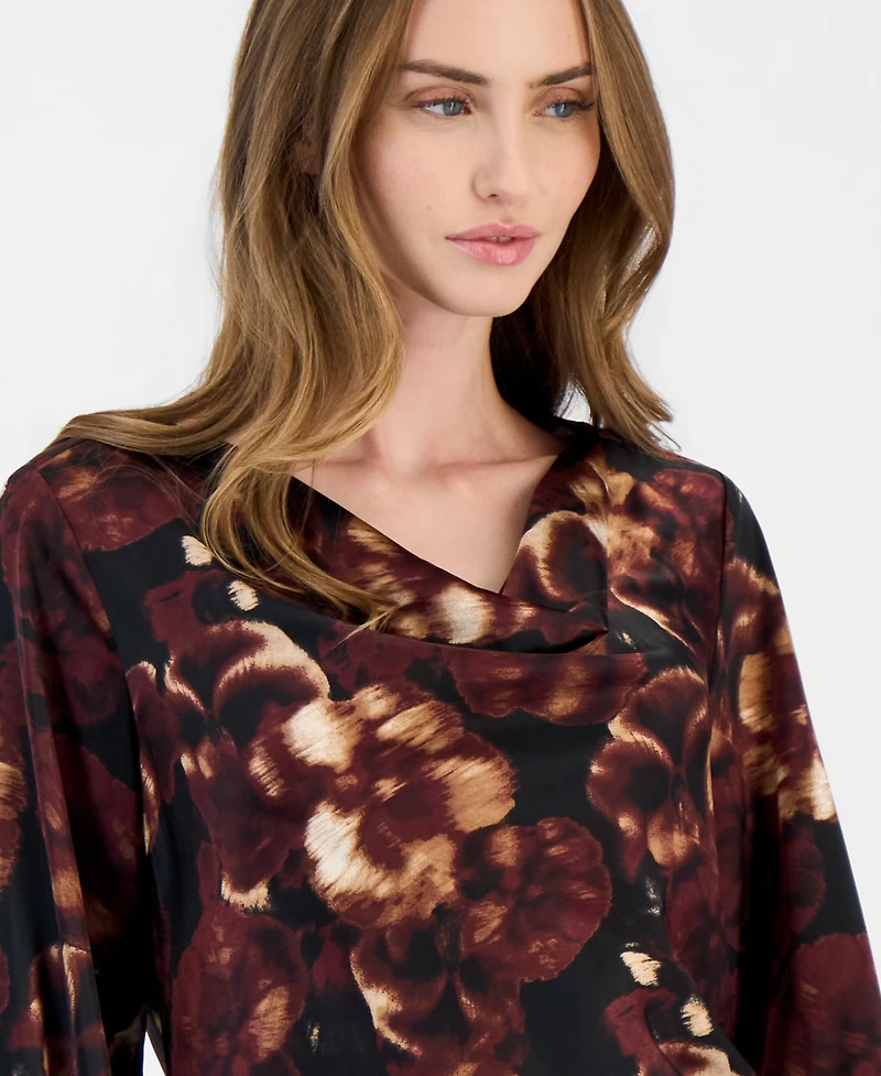 Anne Klein Petite Drape Neck Floral-Print Long-Sleeve Blouse
