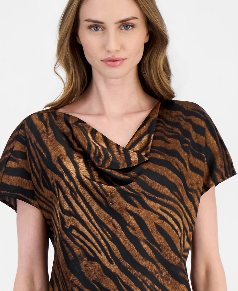 Anne Klein Petite Animal Print Cowl Neck Short-Sleeve Blouse