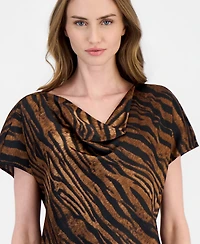 Anne Klein Petite Animal Print Cowl Neck Short-Sleeve Blouse