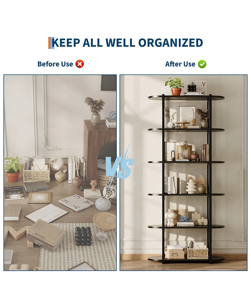 homfan 6-Tier Industrial Tall Bookshelf, Waterproof Panel Storage Shelf with Anti-Tipping Structure, Easy-Clean Multi-Purpose Home Office Display Rack