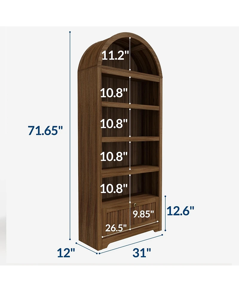 homfan 71 Inch Tall Arched Bookshelf, 6-Tier Freestanding Bookcase with Drawer and Display Shelves, Walnut Grain, Gold Handles, for Living Room