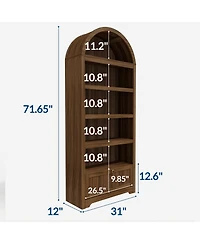 homfan 71 Inch Tall Arched Bookshelf, 6-Tier Freestanding Bookcase with Drawer and Display Shelves, Walnut Grain, Gold Handles, for Living Room