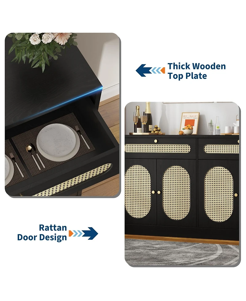 homfan 60 Inch Rattan Sideboard Cabinet with 2 Drawers and 4 Doors, Buffet Storage Adjustable Shelves for Dining Room, Living Room