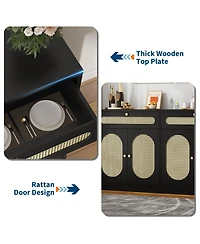 homfan 60 Inch Rattan Sideboard Cabinet with 2 Drawers and 4 Doors, Buffet Storage Adjustable Shelves for Dining Room, Living Room