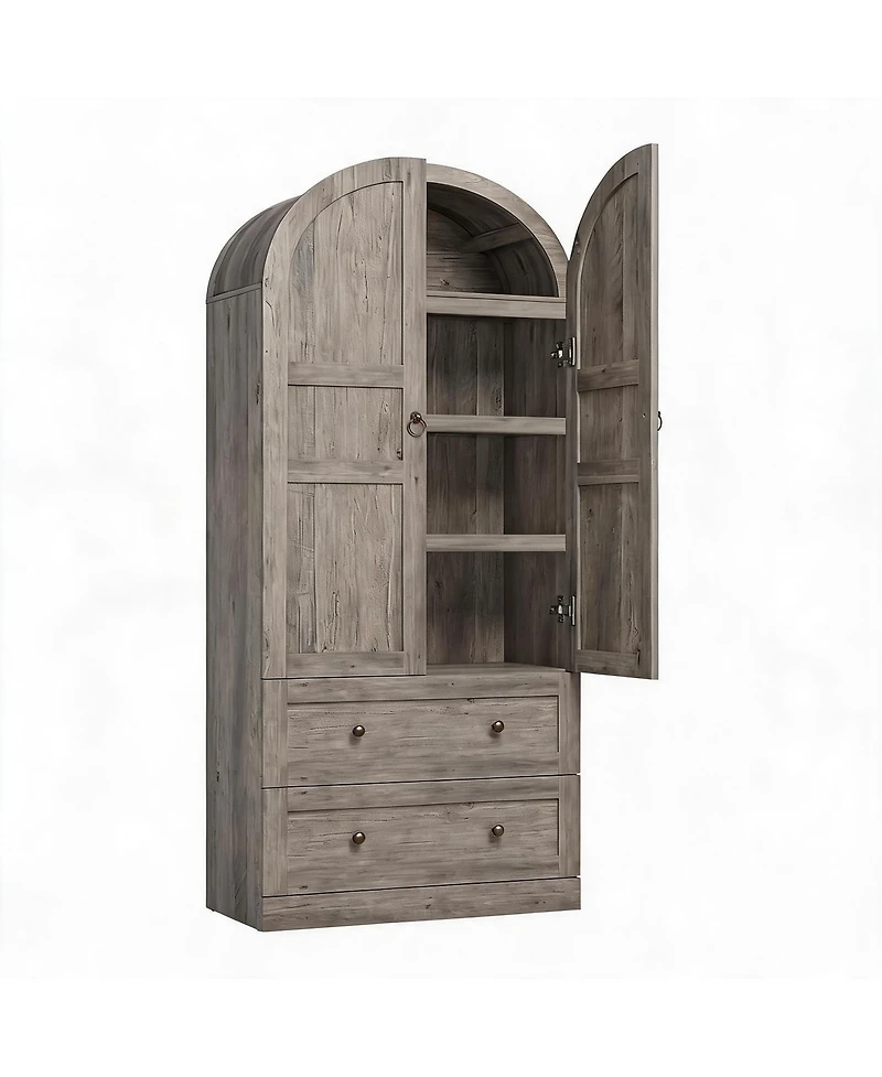 homfan 72 Inch Tall Dome Bookcase with Drawers and Wood Door 4-Tier Wooden Bookshelf with Arched Top for Home Office Living Room Entryway
