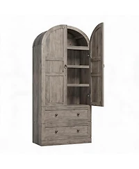 homfan 72 Inch Tall Dome Bookcase with Drawers and Wood Door 4-Tier Wooden Bookshelf with Arched Top for Home Office Living Room Entryway