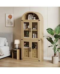homfan Modern Farmhouse Arched Top Bookcase, Mdf Storage Cabinet with Glass Doors and Anti-Tip Straps, Easy Assembly Display Shelf