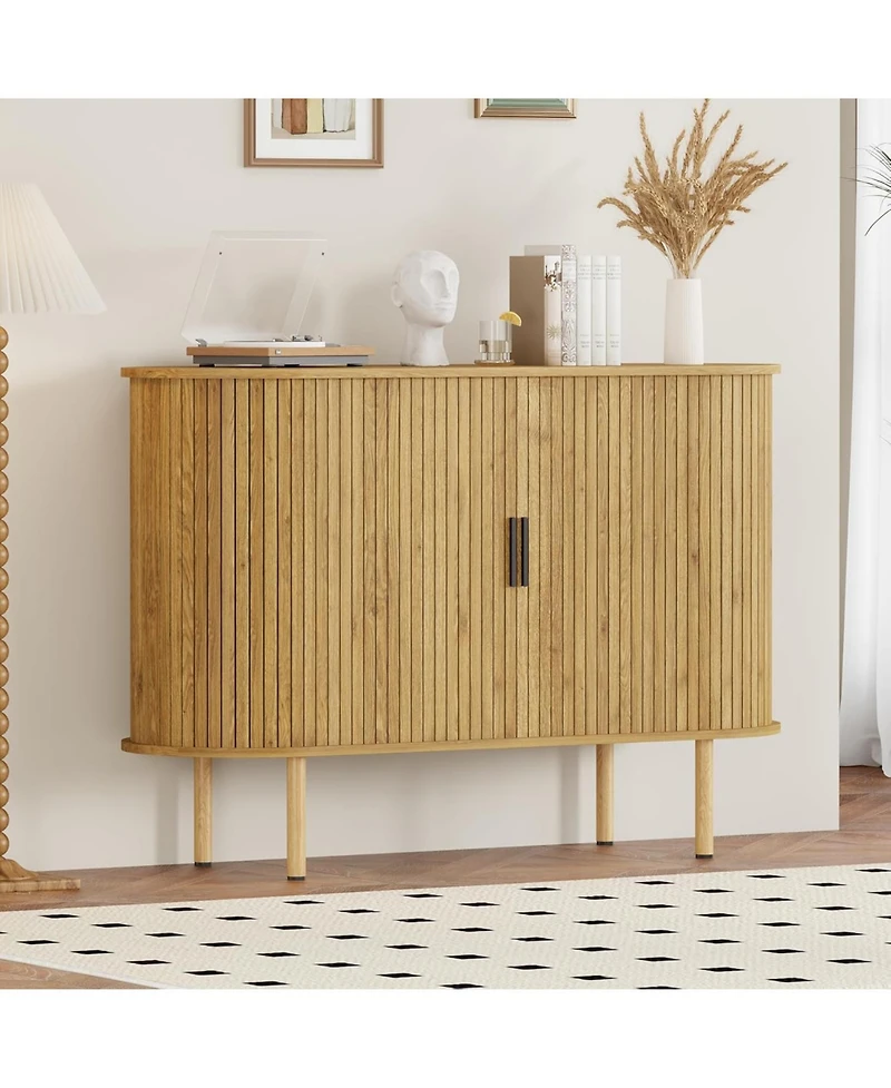 homfan 47 Inch Modern Fluted Wooden Console, Sideboard Buffet with Sliding Doors and Adjustable Shelves for Freestanding Home Storage