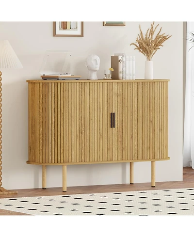 homfan 47 Inch Modern Fluted Wooden Console, Sideboard Buffet with Sliding Doors and Adjustable Shelves for Freestanding Home Storage